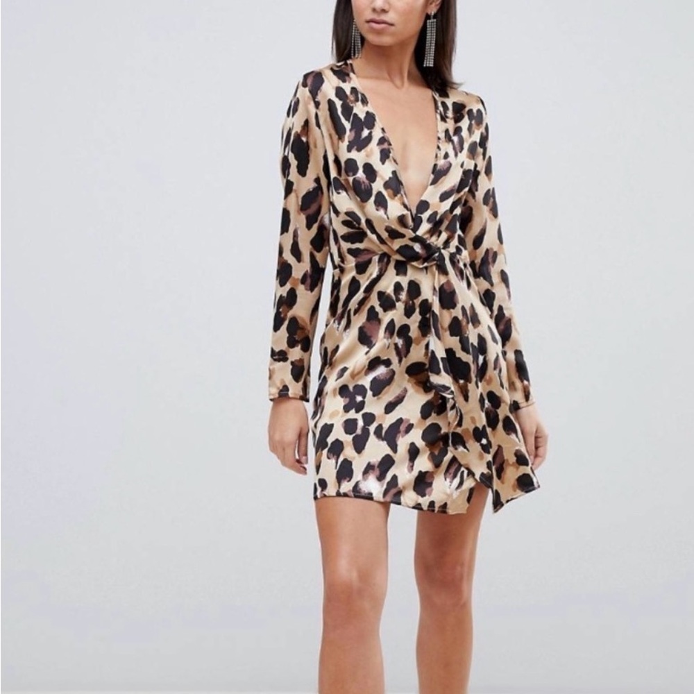 Prettylittlething Leopard Animal Print long Sleeve faux Wrap Mini Dress Party 4